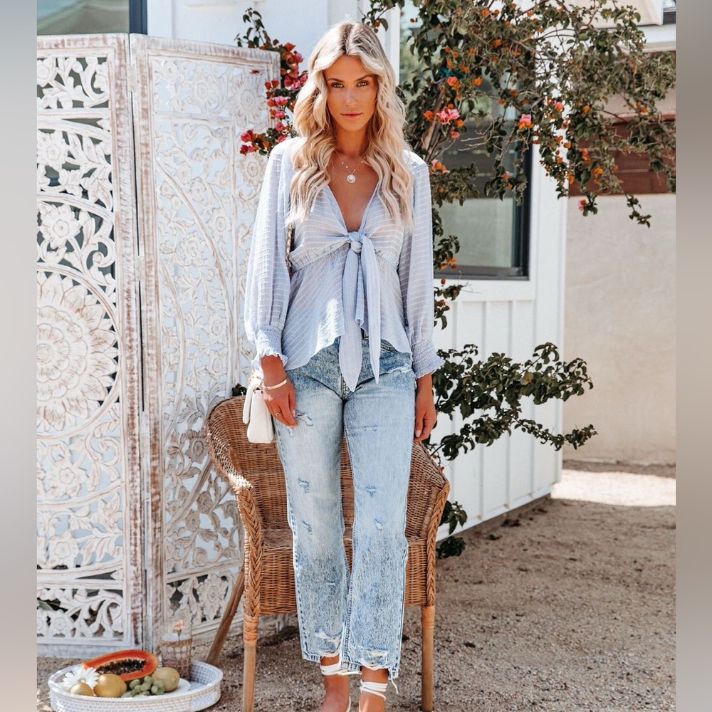 Flawless Textured Tie Front Peplum Top - Sky Blue